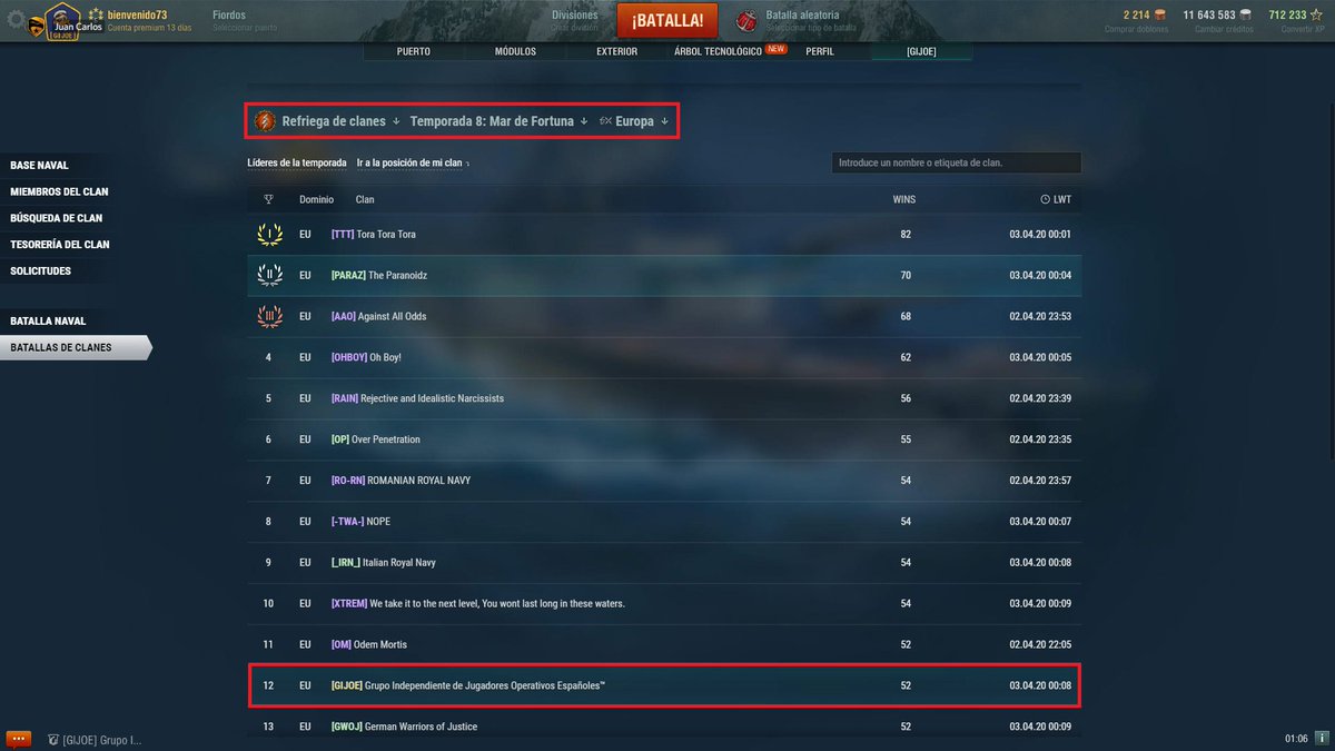 clanGijoe's tweet photo. Brillante posición de el clan en estas últimas batallas........ 12 de europa y los 33 del mundo, muy orgulloso de de los compañeros.....👏👏👏 @WorldofWarships #WorldOfWarships #clan #españa #español #amigos #amistad #union #unidad https://t.co/0xJcl6YFMI