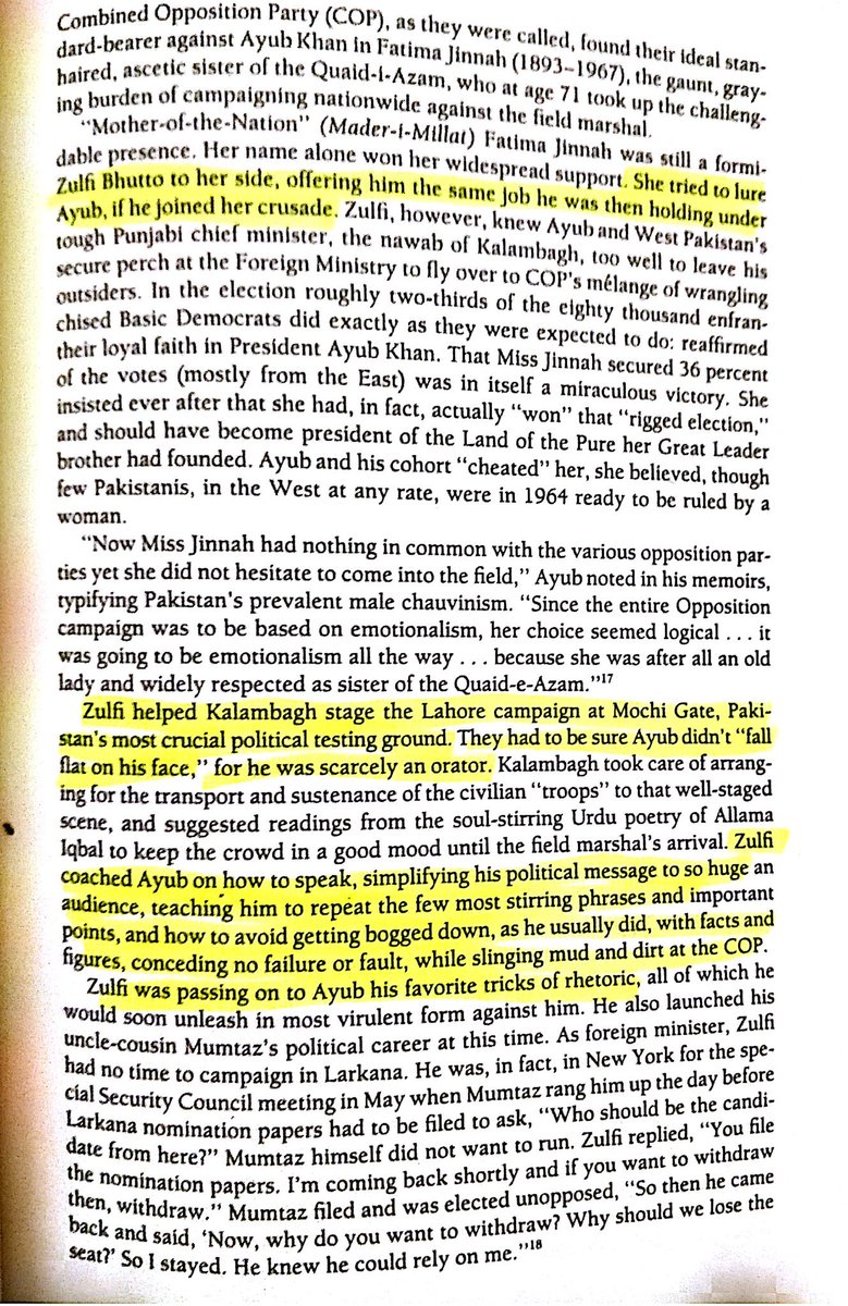 •When Fatima Jinnah decided to run an election against the 'Gen Ayub" she offered Bhutto to join her.•Bhutto declined Fatima Jinnah's offer and supported Gen Ayub.•Bhutto also mentored Ayub how to speak in rallies