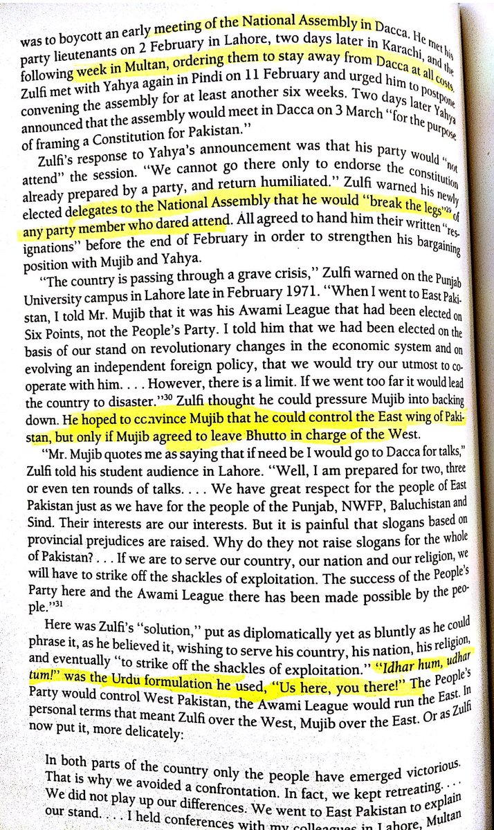 •Bhutto lost an election to Mujib, he blackmailed tht no govt can work without his support.•Refused to attend NA session in Dhaka & threatened his legislatures of "breaking their legs" if they dared to go•Proposed Mujib to rule East Pak& Bhutto West "Idhar Hum, udhar tum"