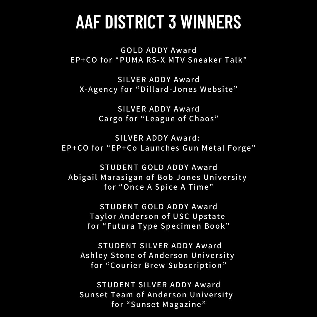 Just announced! AAF Greenville winners at the district level! Congratulations to these winning agencies and students. Now on to Nationals! 🏆 #aafgvl