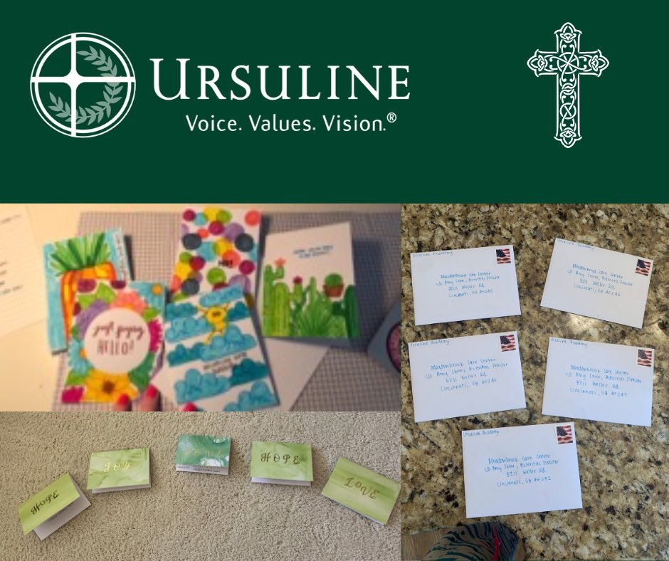 UrsulineLions's tweet photo. Ms. Turner's Faithful Service Learning Class make cards for residents at Meadowbrook Nursing Center. They are going to be a bright light for many residents. Great job ladies! #UACommunity #UAPride 💚 https://t.co/HqklmjwxKy