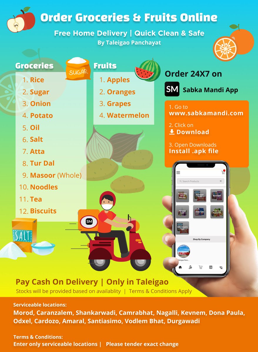 Jennifer Monserrate (@smtjmofficial) on Twitter photo I am happy to announce that we have started home delivery of essential supplies to the people of Taleigao.
The initiative has been taken by Govt of Goa through <a href="/GoaITDept/">Dept. of IT Goa</a> to provide easy & safe supply of goods to your houses.
Download the SM Junta App - sabkamandi.com I am happy to announce that we have started home delivery of essential supplies to the people of Taleigao.
The initiative has been taken by Govt of Goa through <a href="/GoaITDept/">Dept. of IT Goa</a> to provide easy & safe supply of goods to your houses.
Download the SM Junta App - sabkamandi.com