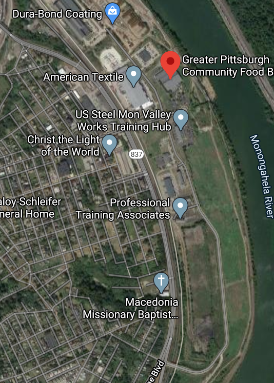 the Pittsburgh community food bank as seen from google maps. notice where it is, and how to get to it, and what other infrastructure is around it. 2/