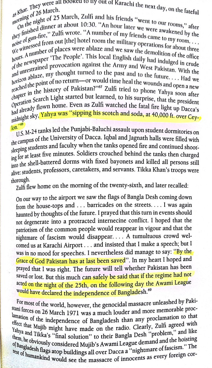 Bhutto was convincing dictator Yahya to kill 20k Bengalis to make things favorable for him.On 26th March, ZAB returned from East Pak, where a military op against Bengalis was started.On his return to KHI airport ZAB said:"By the Grace of God Pakistan has at last been saved"