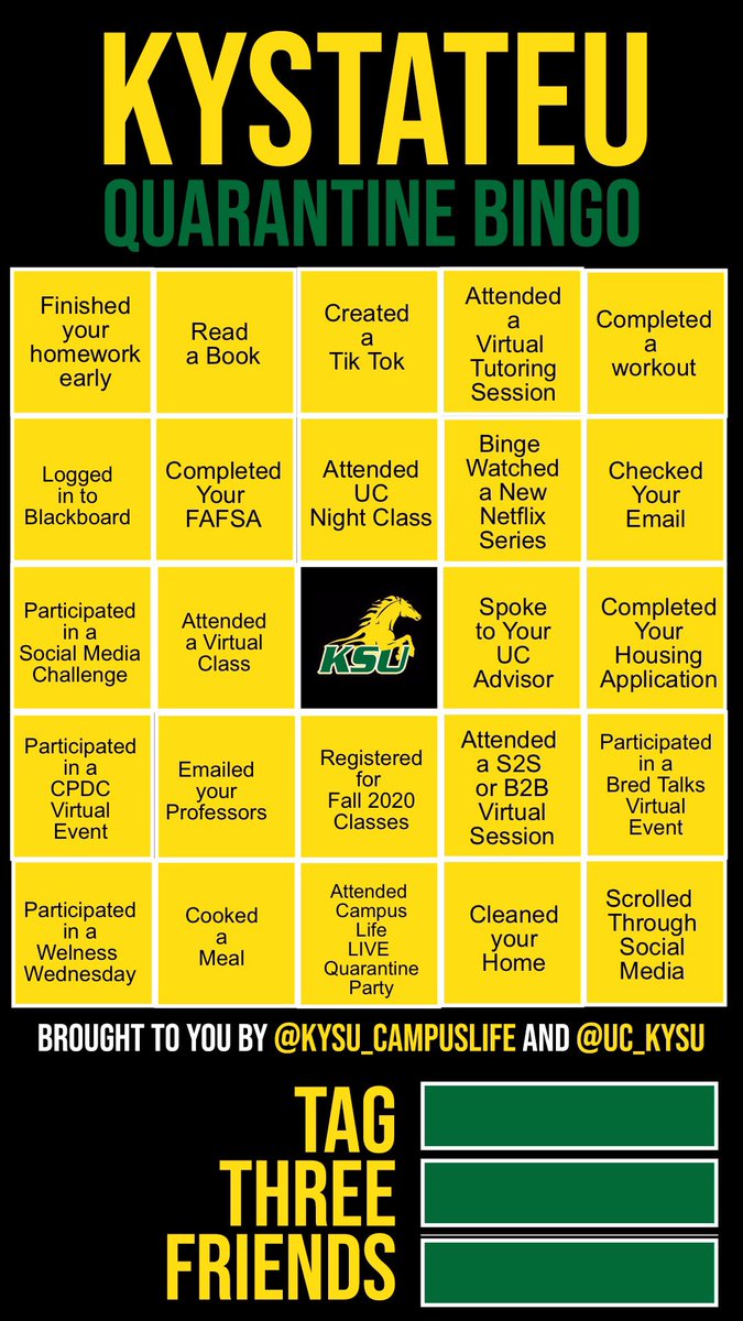 uc_kysu's tweet photo. 🗣PLAY TODAY‼️ @KYSU_CampusLife AND @uc_kysu Have Teamed Up For QUARANTINE BINGO...Grab Your Bingo Card and Play Today‼️ #QUARANTINEBINGO #BREDConnect #KSUFORWARD #WeAreThoro #TogetherBreds #CampusLife #UniversityCollege 🐎 https://t.co/PxqpLGlJXS