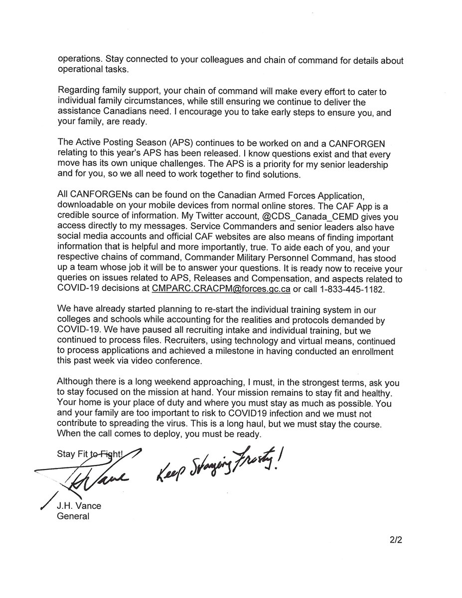“I want to thank all of you, across the entire Canadian Armed Forces (CAF), military and defence team, Regular and Reserve, who continue to protect and prepare the force.” JV <a href="/CFOperations/">CFOperations</a> #COVID19 #StayFrosty