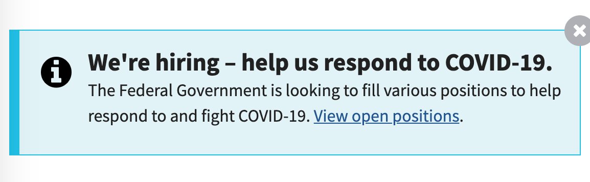 USAJOBS has now gathered all the  #COVID19-related federal jobs in one place:  https://www.usajobs.gov/coronavirus  14/  #HireUsForTheVirus