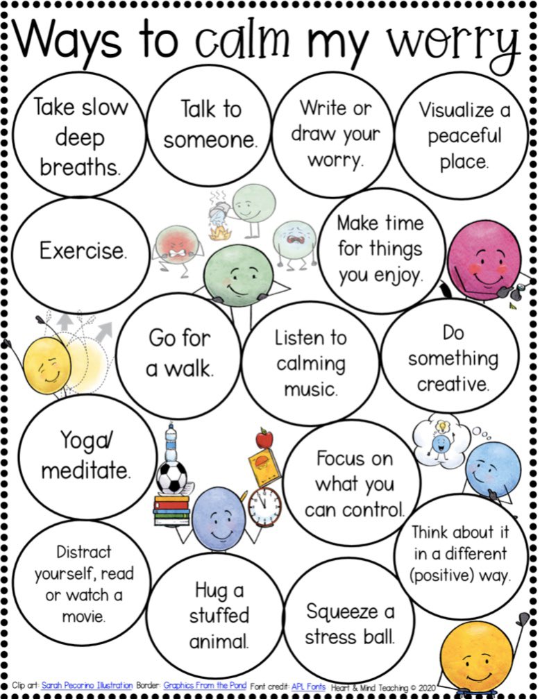 We all need reminders of things we can do to calm our worries. Try these out and see what works for you! #selfregulate @NISD @NISDLewis @NISDCounseling @MsAbell_Lewis