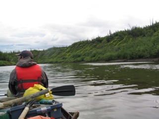 My previous boat work had been on big rivers (Yukon, Mackenzie) or mtn rivers that were pretty fast. The Old Crow River is a highly sinuous meandering river—not fast—in fact as we found a decent wind would push canoes upstream. It was a rainy, buggy trip, but the fossils 7/n