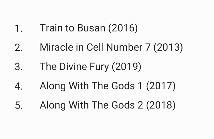 Special mentions:1 & 2. Ofc everyone knows these films. 2 of the best SoKor films out there3. Park Seo-joon in an exorcism film. A good combination.4 & 5. Massive hits. And still waiting for Kyungsoo's military discharge for the 3rd & 4th parts.