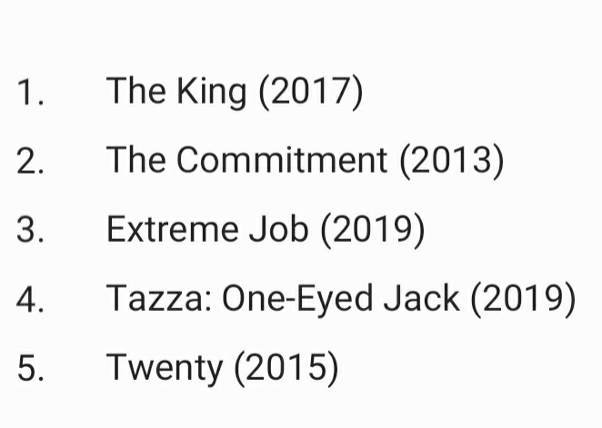 These are some of the less violent but equally good films.1. One of the best political movies I've watched. This one needs patience since most early scenes are preparations for the slapping ending scenes lol.2. BB T.O.P's role here was superb3. One of the best films last year