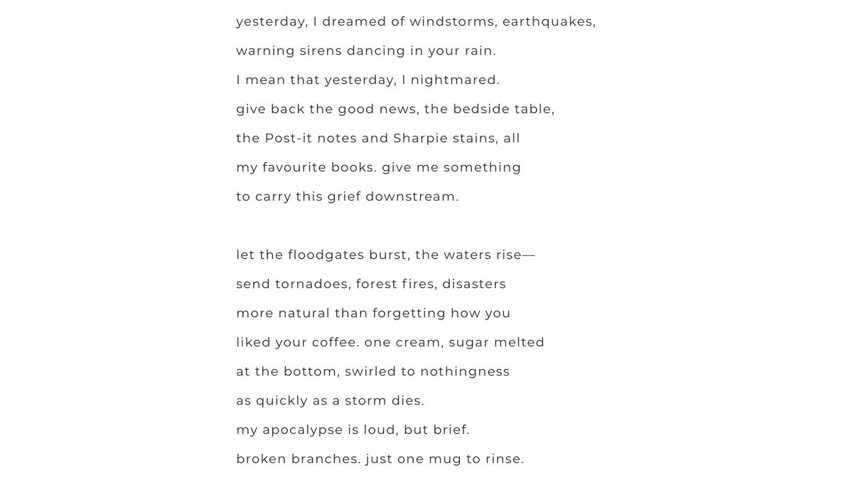 Lim's writing is consistent in its appeal to environments; both real and imagined.  @The_Temz_Review's'aftermath' invokes the longing for a person with images of apocalyptic nature and domestic life combined.