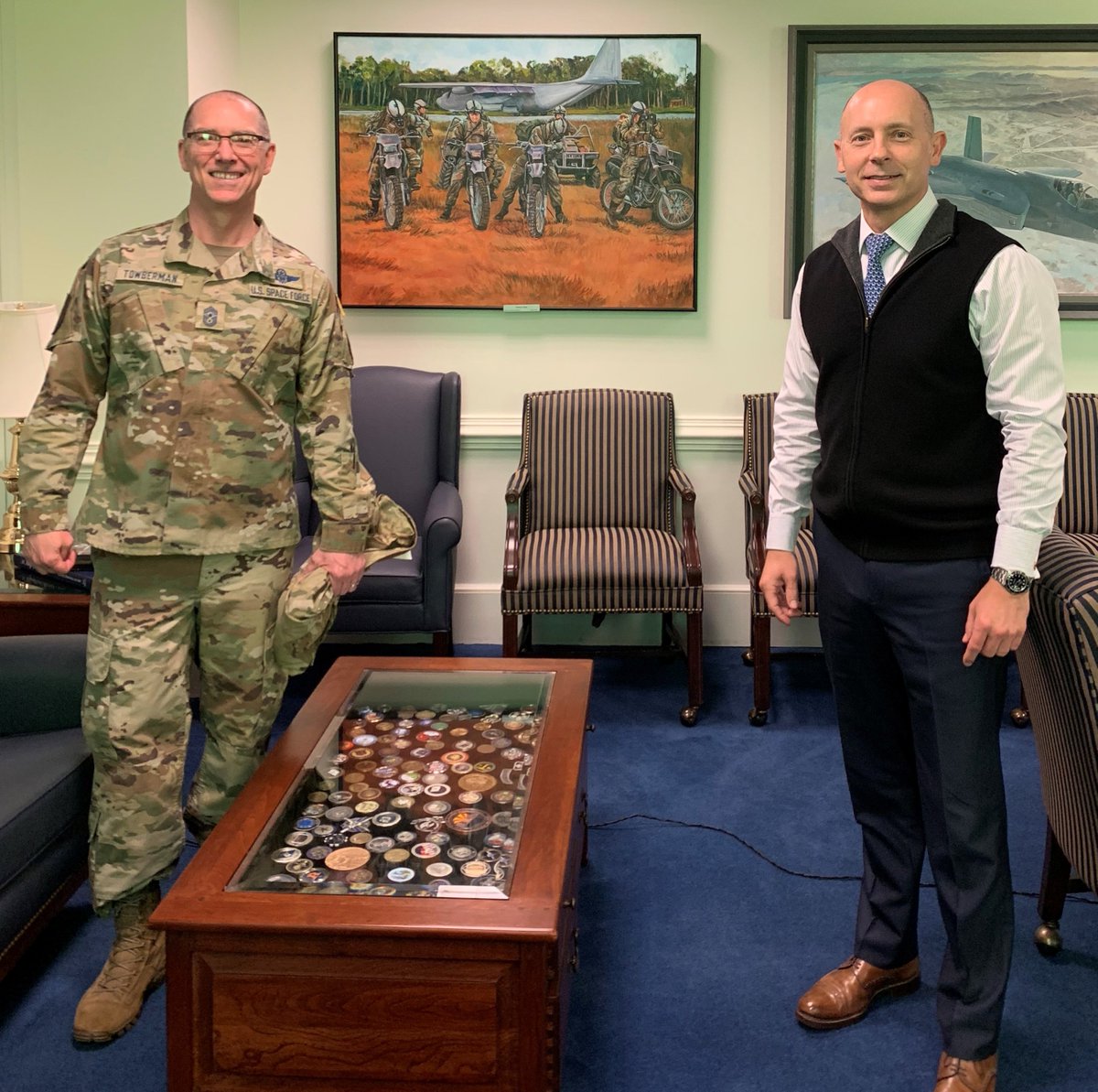Congratulations to my dear friend, Chief "Toby" Towberman! Today he became the very first Chief Master Sergeant of the U.S. Space Force. This is great news for @SpaceForceDoD. I am honored to serve with him, and I'm excited for what's ahead in his new role.
