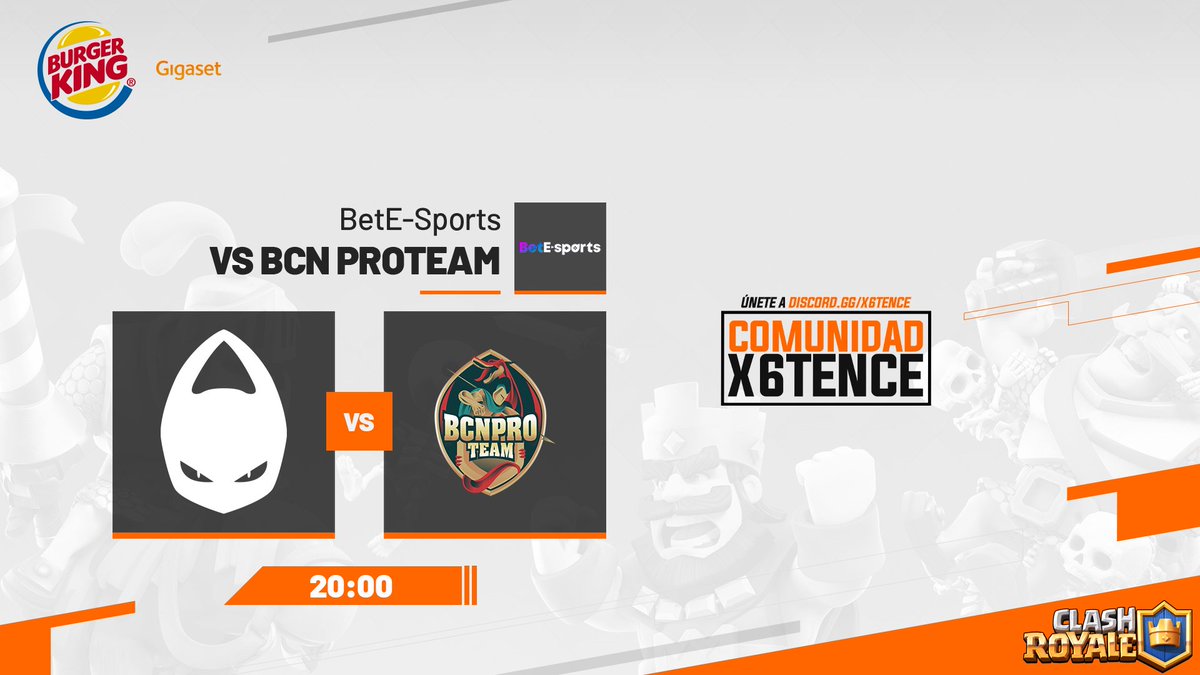 👑 ¡GAME DAY! ¡Jugamos en la #BetE-Sports! 

🎮 #ClashRoyale
🆚 <a href="/BCNProTeam/">BCN Pro Team</a> 
🏆 #BetE-Sports
⏰20:00 🇪🇸

🍔 @BurgerKingGames 
📱 #Gigaset
👽 <a href="/x6tence/">x6tence</a>