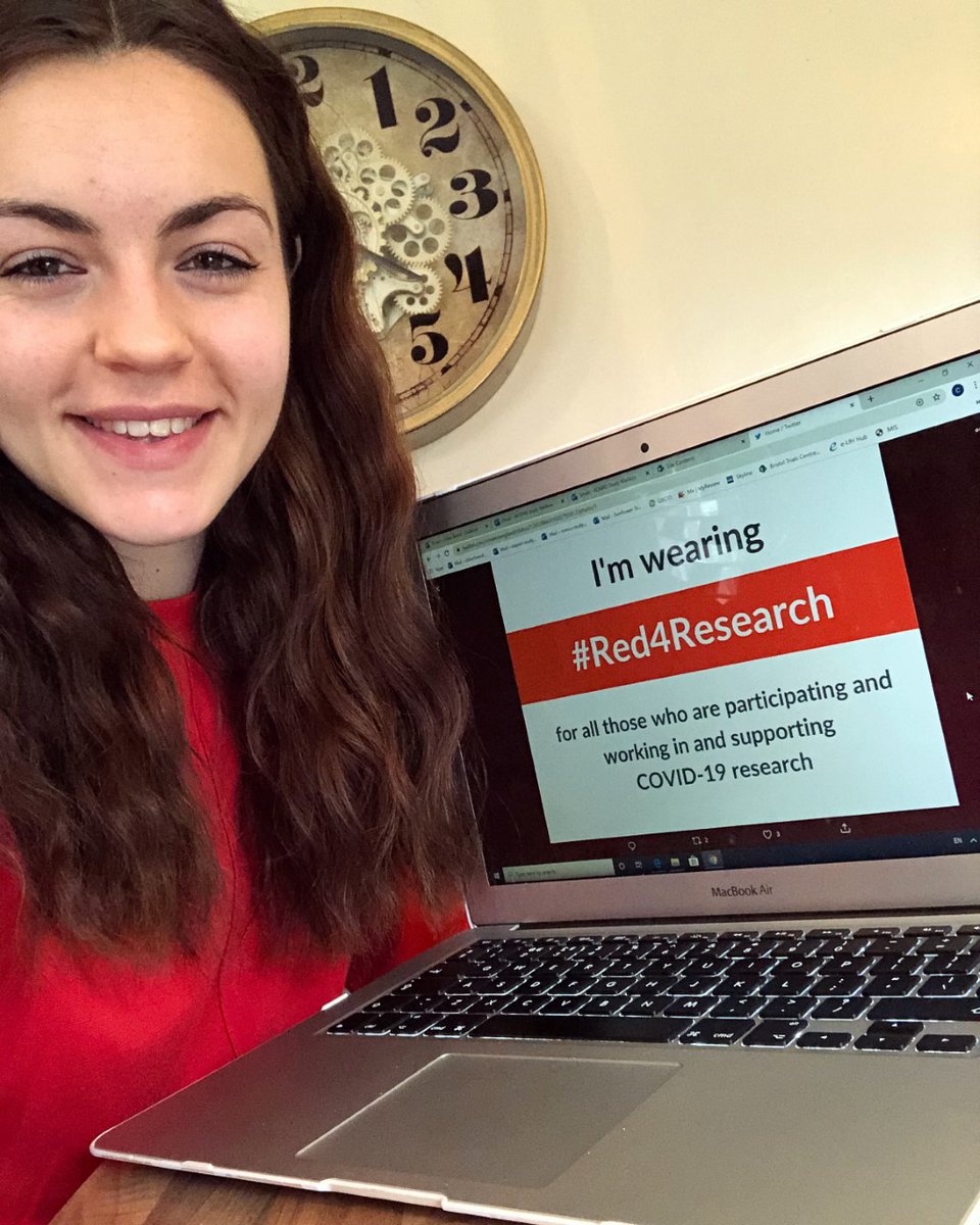 ChloeLBeard's tweet photo. Today I am wearing #Red4Research🔴In honour of all those creating, working directly on and participating in #COVIDー19 trials.  #research #clinicaltrials #StayHome #SaveLives https://t.co/KsR4eWKhNn