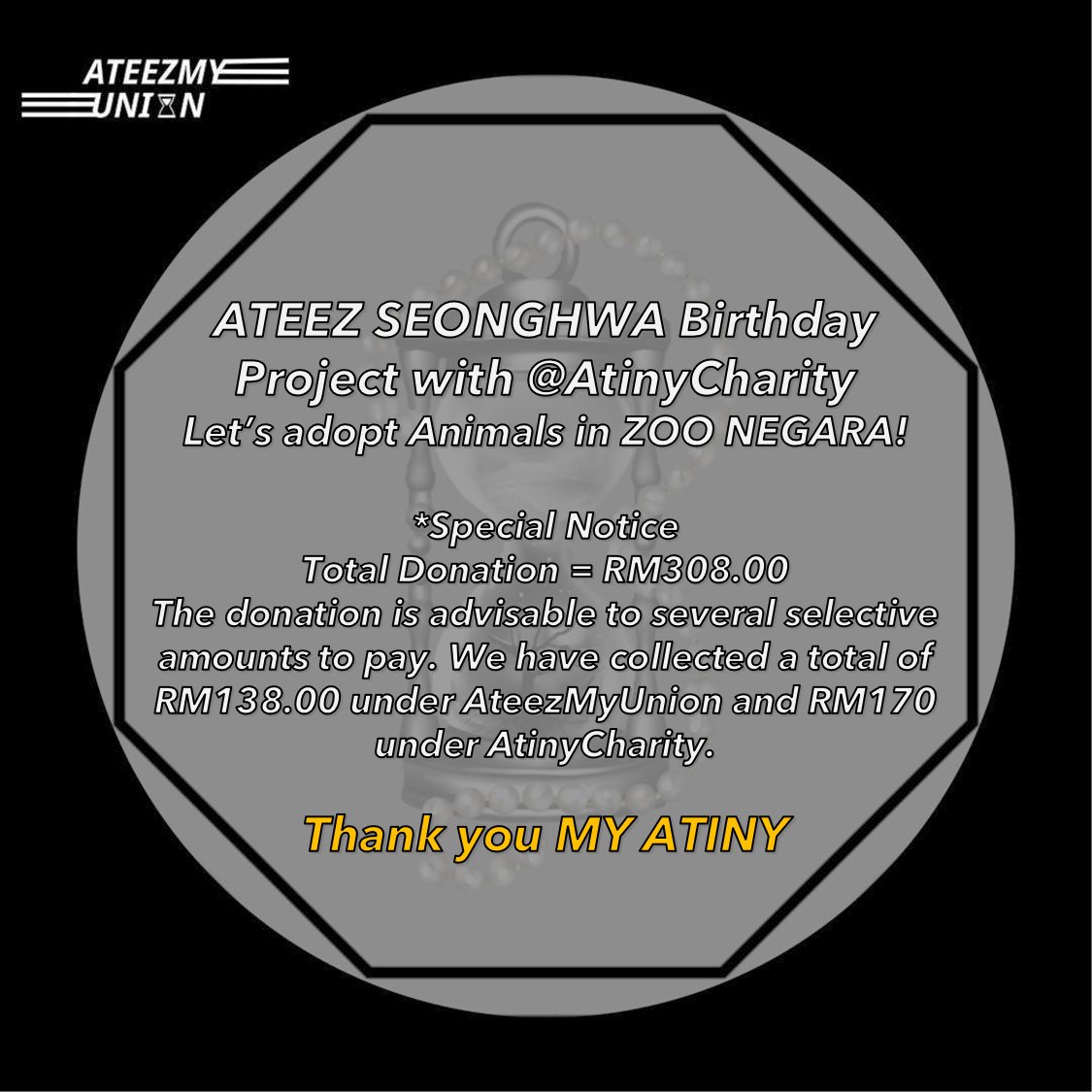 ATEEZMYUnion's tweet photo. [PROJECT]
Seonghwa’s Birthday Project

Thank you and Congratulations MY ATINY !!! WE DID IT~
Special Thanks to @AtinyCharity for the collaboration project, we have reached another milestones!

- Admin Maple leaf
#AteezMyUEvent #ATEEZ #SEONGHWA #ATINY https://t.co/lfU4RwFojK