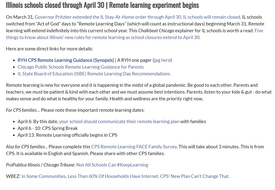 Remote learning started in IL on Tuesday. Here's the whole piece in our newsletter about that- note all the links where you can read more. Also, if you just want the highlights of the CPS plan, we have a one pager for you. Pic below. pdf here:  https://d3n8a8pro7vhmx.cloudfront.net/ryh/pages/2095/attachments/original/1585838107/CPS_Remote_Learning_Notes.pdf?1585838107