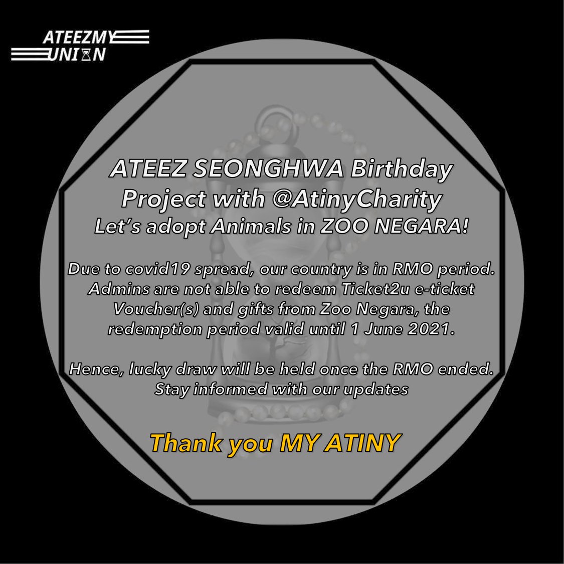 ATEEZMYUnion's tweet photo. [PROJECT]
Seonghwa’s Birthday Project

NOTICE!!!
The special lucky draw will be held in near future, stay tuned to win e-tickets and gifts from Zoo Negara! [Only for donators]

Thank You, and stay safe

Dm for inquiry-Admin Maple leaf
#AteezMyUEvent #ATEEZ #SEONGHWA #ATINY https://t.co/U7wRh4OETg