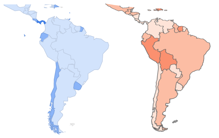 Let's look at South America first for some very interesting results. You can see in the 1st image that there seems to be a strong correlation. Countries with high TB cases have low Corona cases. Compare Chile, Uruguay, and Ecuador with Peru and Bolivia