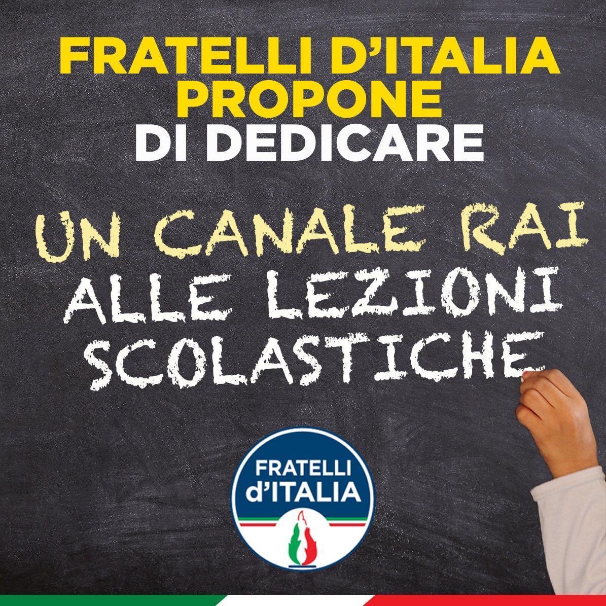 DSantanche's tweet photo. Aiutiamo gli studenti a casa, la #Rai dedichi un canale alle lezioni scolastiche.  Questa è la proposta di @FratellidItalia già approvata da tutti... a parole. Vedremo se anche in Parlamento tutti i partiti ci sosterranno. #COVID19 https://t.co/uIHKcpJzSm