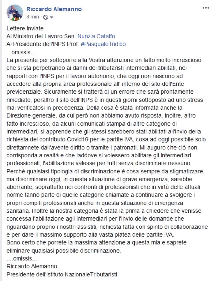 luisellapenati's tweet photo. Al Ministro @CatalfoNunzia ed al Presidente @PTridico #INTtributaristi intermediari abilitati dall' #INPS per i serivizi al lavoro autonomo, autorizzarli per invio domande bonus Covid19 per partite IVA e future neccessità lavoratori autonomi #nodiscriminazione #primalepersone https://t.co/H7eMSl95Z2