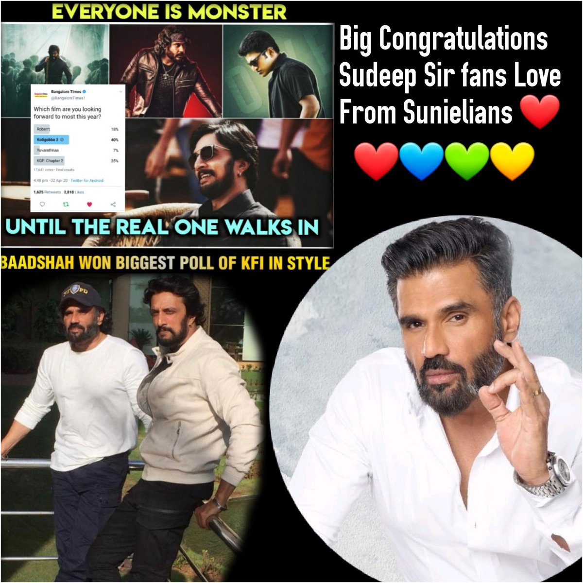SunielUniverse's tweet image. Congratulations @KicchaSudeep sir and #Sudeepians #Kicchaism For Won The Biggest Poll In STYLE🔥
Which Is The Conducted By @BangaloreTimes1 👏🤙🏻🔥
#Kotigobba3 

Love from @SunielVShetty sir fans❤👏
