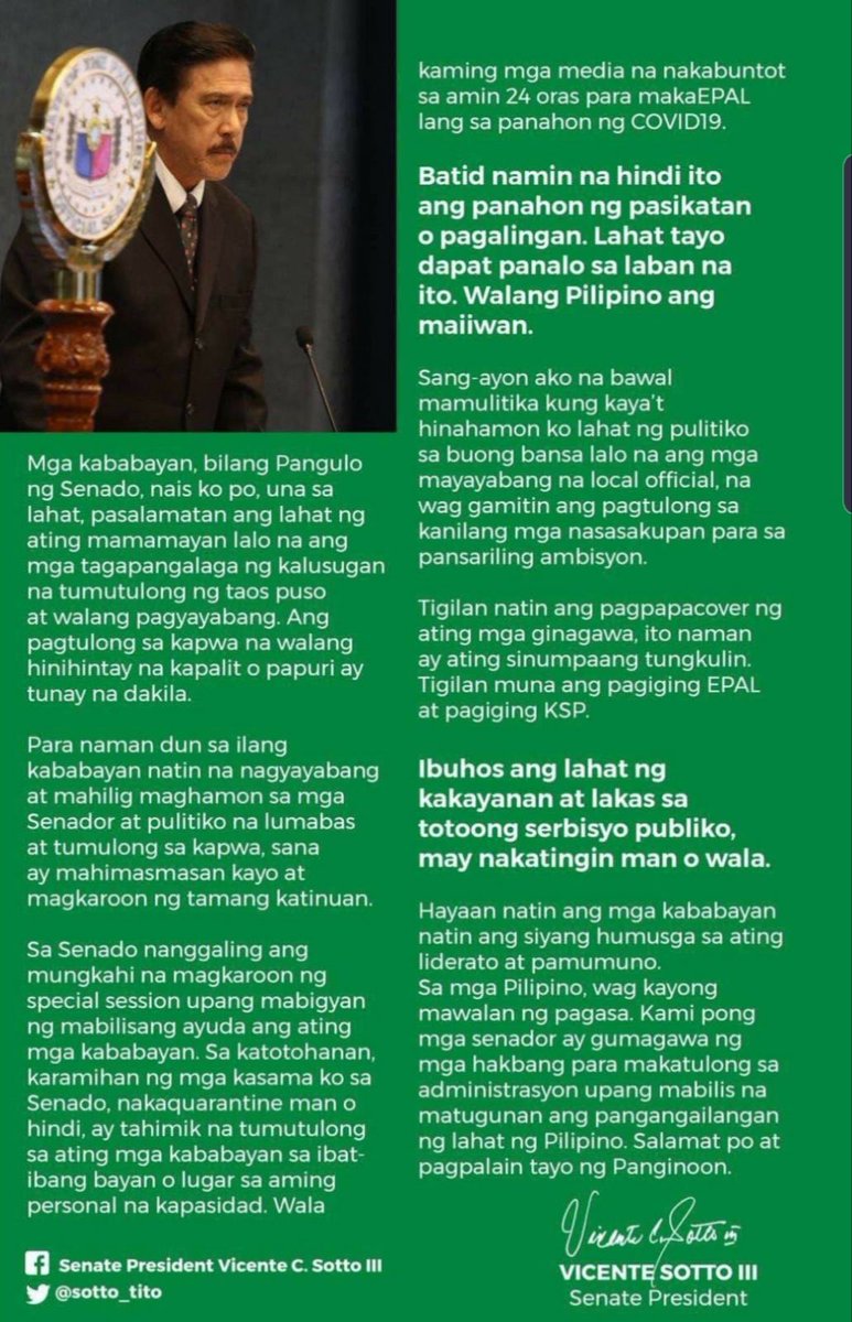 gmanews's tweet photo. Senate President Tito Sotto: “You cannot hit the Senate and get away with it. Not while I'm around!”

He also chastised local officials who use this time for their political ambitions: “Tigilan muna ang pagiging epal at pagiging KSP.” | via @mavgonzales https://t.co/XcTsgilZAn
