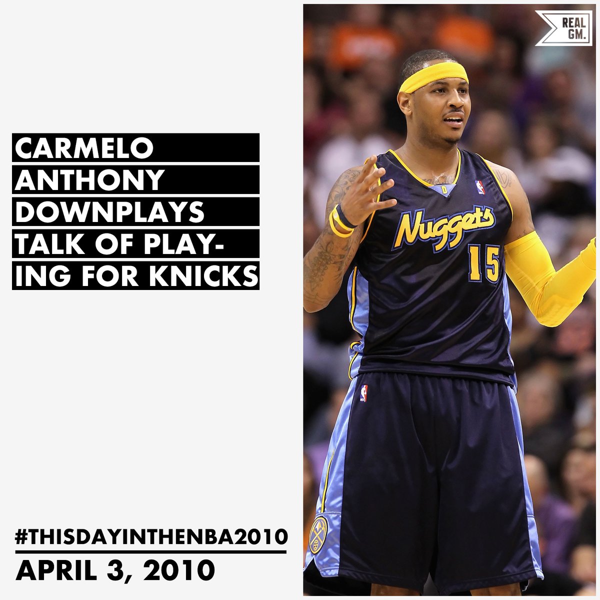  #ThisDayInTheNBA2010April 3, 2010Carmelo Anthony Downplays Talk Of Playing For Knicks https://basketball.realgm.com/wiretap/203064/Carmelo-Downplays-Talk-Of-Playing-For-Knicks
