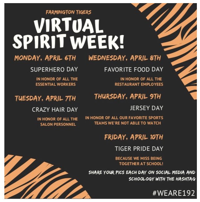 7th_BMS's tweet photo. Next week is Virtual Spirit Week for Farmington schools. Post your pictures on social media and Schoology with the #WEARE192 https://t.co/n48Bk0y9FZ