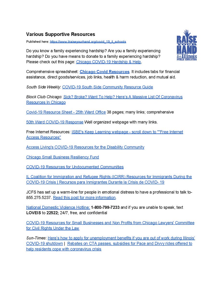 On our COVID-19 resources page we have a list of Various Supportive Resources. RYH COVID-19 Resources page is here:  https://www.ilraiseyourhand.org/covid_19_il_schoolsThe below as a pdf is here:  https://d3n8a8pro7vhmx.cloudfront.net/ryh/pages/2086/attachments/original/1585832164/Various_Supportive_Resources_COVID-19_4.2.20.pdf?1585832164