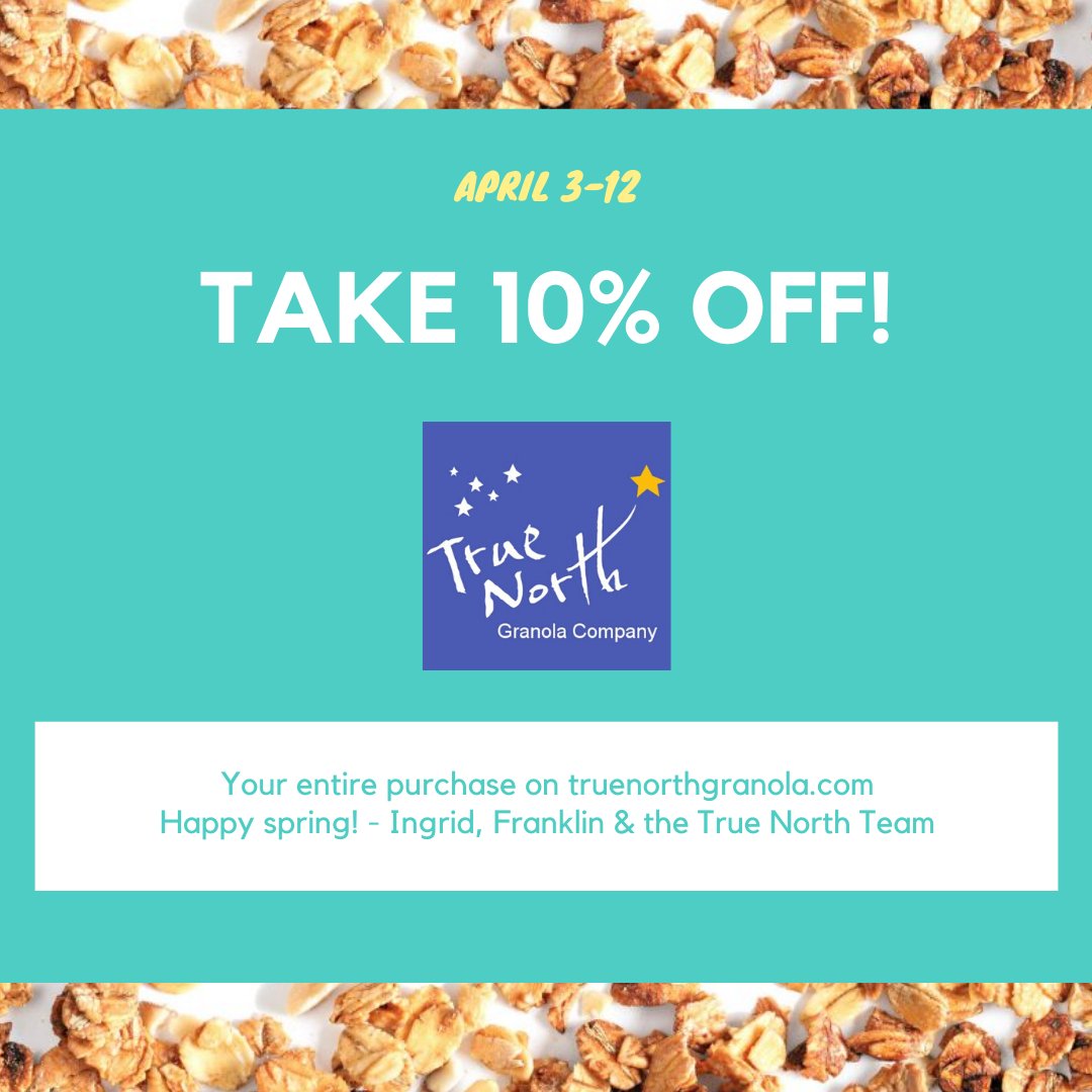 TNGranola's tweet image. Take 10% off your entire purchase on truenorthgranola.com from April 3-12. Any available flavor. Any size. Simply enter "April20" at the checkout to save. Happy spring! - Ingrid, Franklin &amp;amp; the True North Team #aprilpromo #spring2020