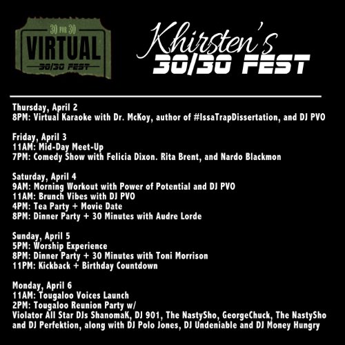 khirstenlscott's tweet photo. Was down about not being able to celebrate my 30th birthday like I’d originally planned. So, I planned a Virtual Birthday Festival! #30Fest 30 hours of virtual celebrations! #30for30 https://t.co/vnNMot4dEm
