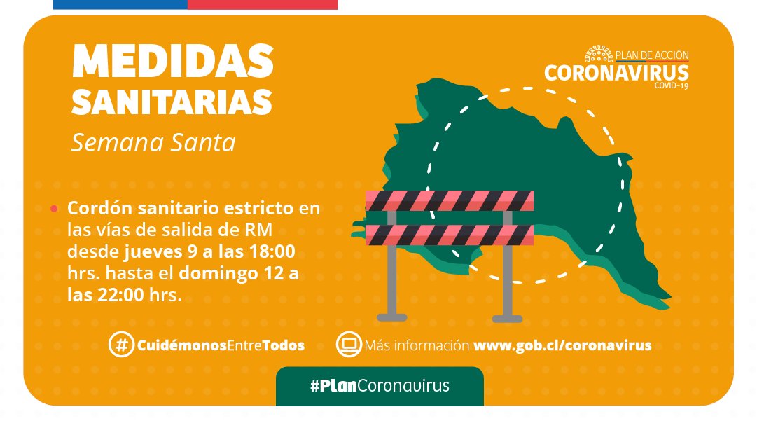 GobiernodeChile's tweet photo. Medidas sanitarias por #SemanaSanta: desde el jueves 9 de abril a las 18:00 hrs. hasta el domingo 12 a las 22:00 hrs., se establecerá un cordón sanitario estricto en las vías de salida de la Región Metropolitana. #CuidémonosEntreTodos https://t.co/s0pMbggCzL