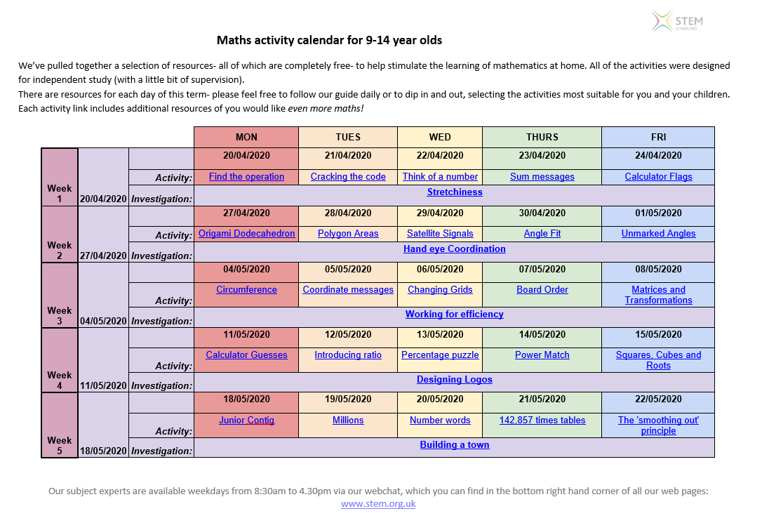 STEMLearning_MA's tweet photo. Maths teachers: Here is a sneak peak at the handy calendar of free, great, mathematical activities for independent learning at home from @STEMLearningUK 

One activity a day, every day for all of next term. 

Coming soon to the STEM Learning site here: https://t.co/GOTXB6BNoL https://t.co/82bmhKRLEK