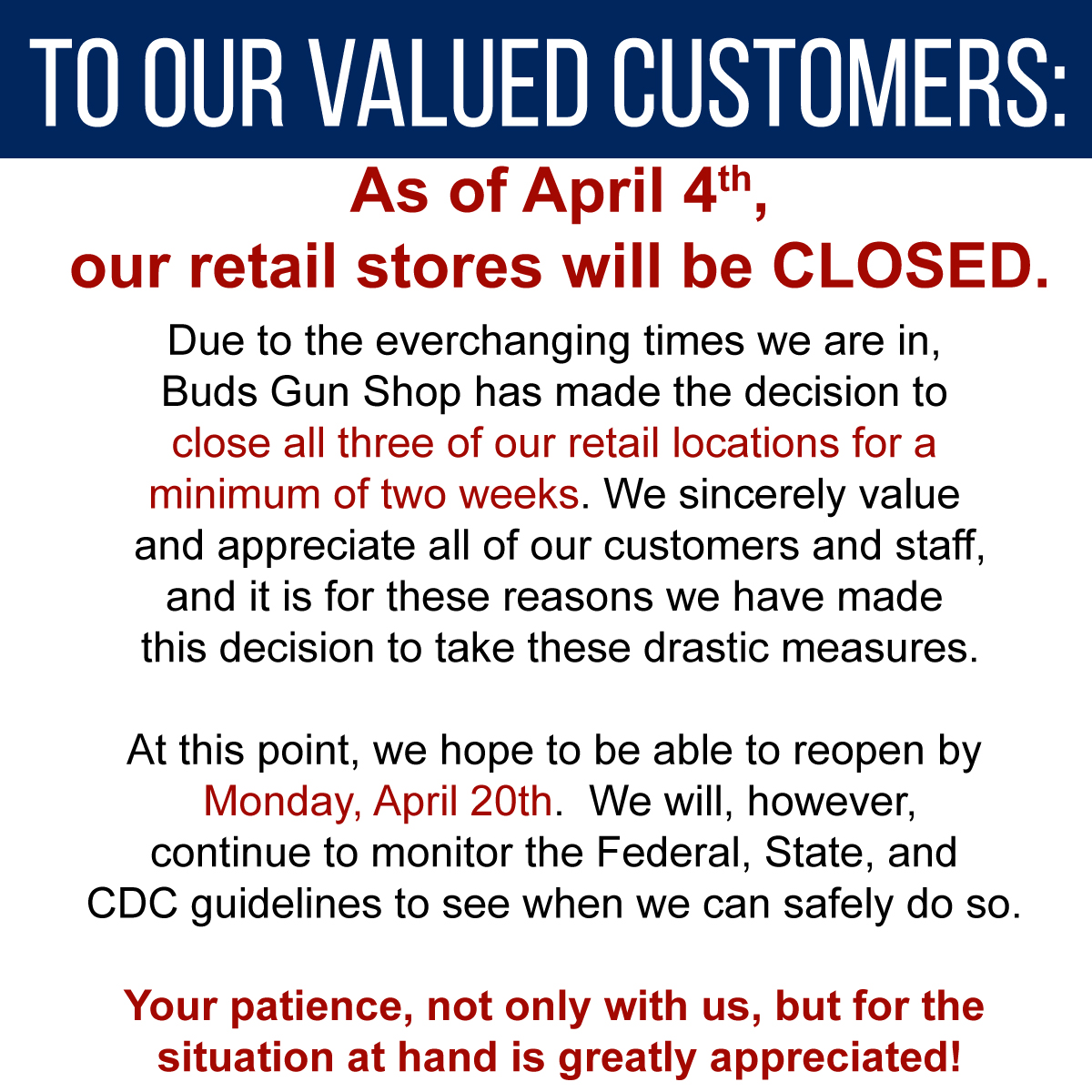 BudsGunShopTN's tweet photo. An important message from Buds Gun Shop &amp; Range. 👇 https://t.co/TEbwhJ4L3x