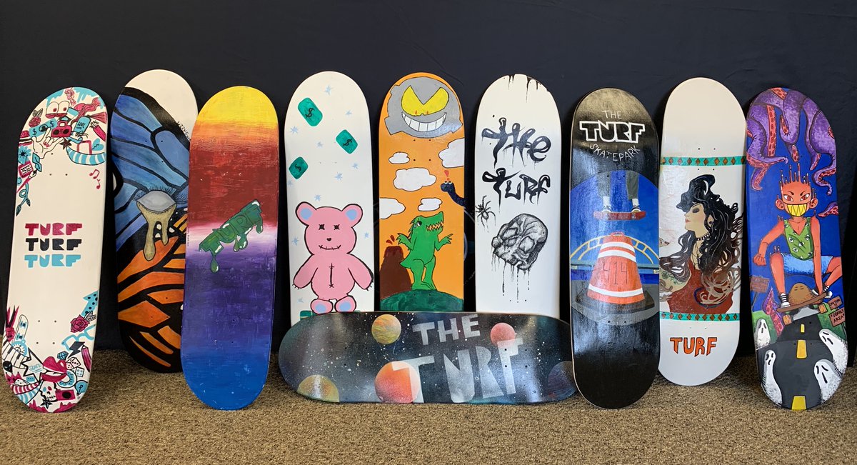 Show your support for The Turf (and local art students!) by voting in the Skateboard Deck Art Fundraiser!  Vote for your favorite deck art.  $1.00 per vote.  Vote as many times as you like!  theturf.org/art-contest/