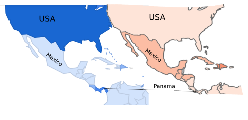 Now let's move to North America. You can once again see that there's a strong correlation. Number of Covid cases high in USA, low in Mexico and other countries below it, then we reach Panama and high Covid cases, while TB cases are present in the opposite order