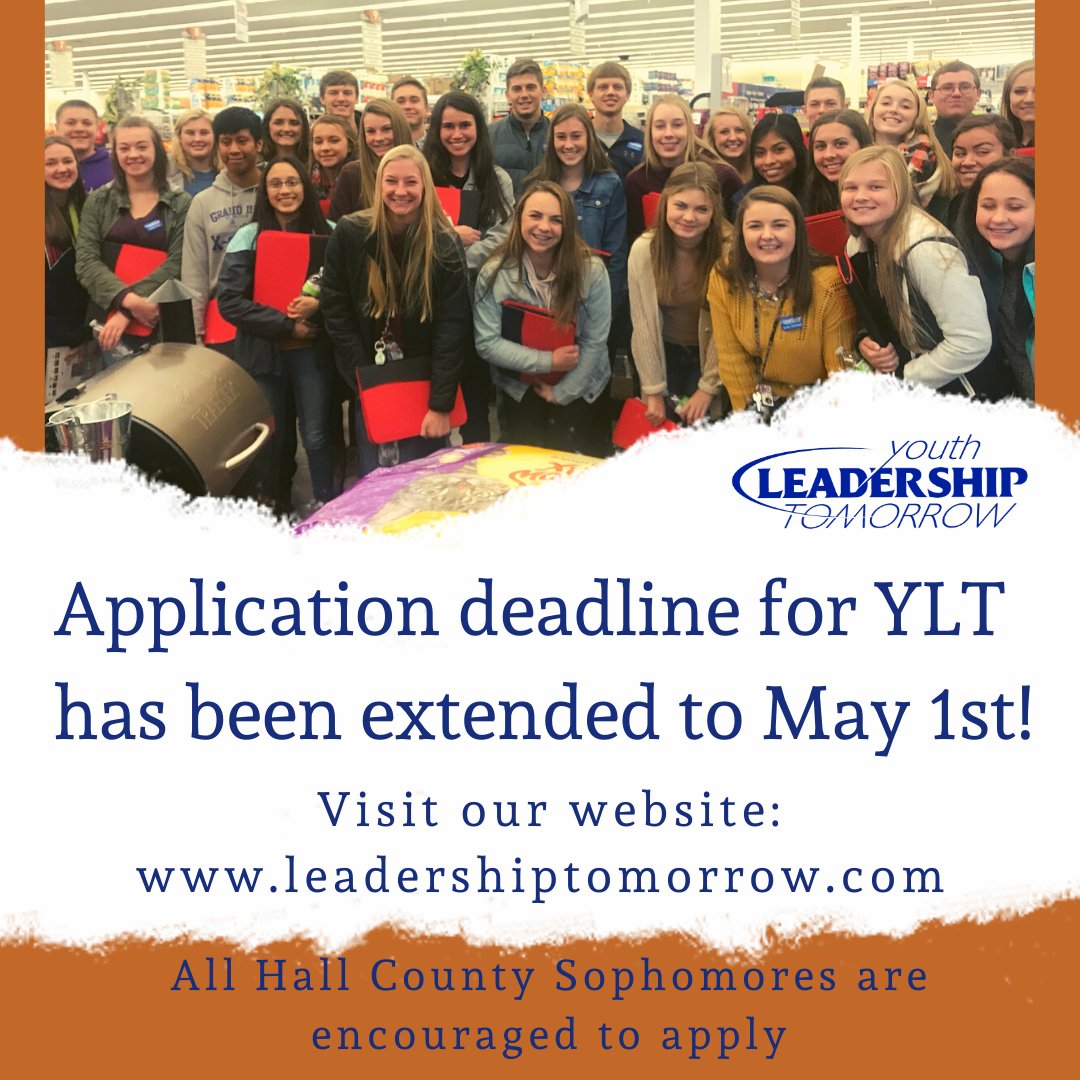 We have exciting news! The application deadline for Youth Leadership Tomorrow has been extended to May 1st. All Sophomores in Hall County are encouraged to apply. Share this post and help us spread the word. Applications can be found at: ow.ly/7a4l50z4yhu