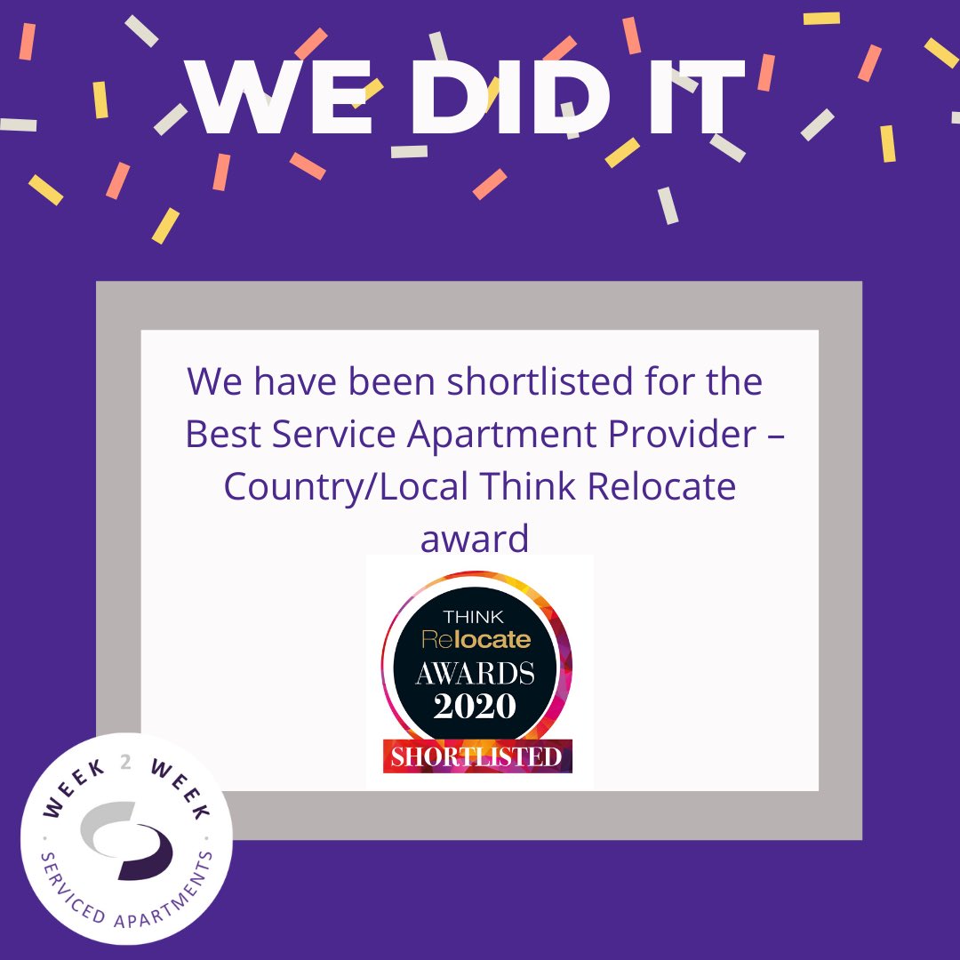 W2Week's tweet image. It is an honour to be recognised by the Relocation Awards! We are over the moon to be shortlisted for the Best Serviced Apartment Provider - Country/Local Award. See you all at the online ceremony @relocatemag 🎉 #relocationawards #localprovider #celebrate #FridayFeeling