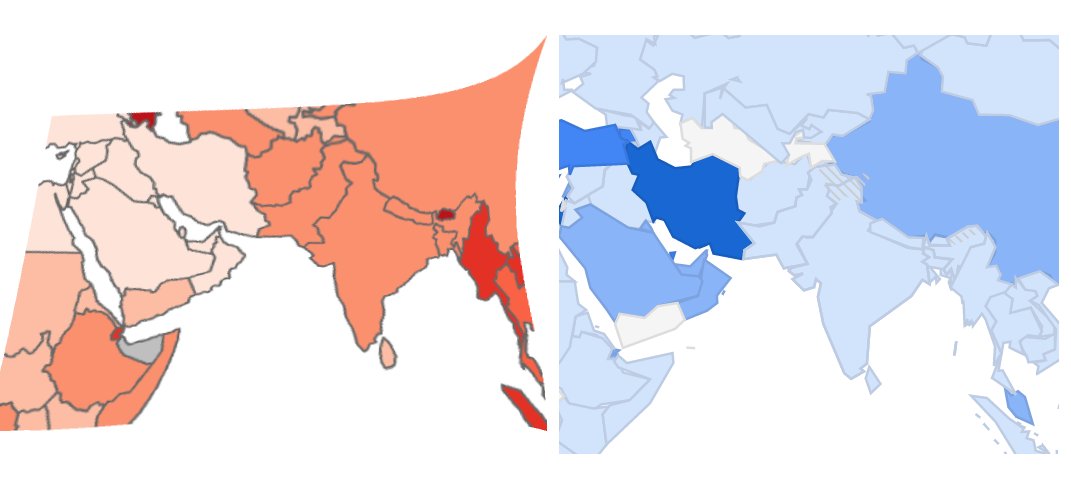 South Asia and the adjoining areas show the same pattern. Opposite rates of disease for Corona and TB, look at how colors change going from In, PK, AFG to Iran. Look at how Oman and Yemen have intensity flipped in both maps. Saudi Arabia too