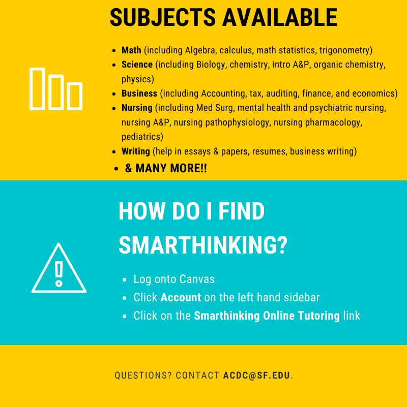 USF_CareerHelp's tweet photo. COUGARS! Did you know that we have 24/7 online tutoring through SmarThinking on Canvas? Log onto Canvas, go to "Account" and click the SmarThinking link for your tutoring needs today!! @USFFW @USFFW_Diversity @USF_Football @USFCougarBball @USFADMike @USFBaseballCoug @USFWSOCCER https://t.co/BaOsFZL708