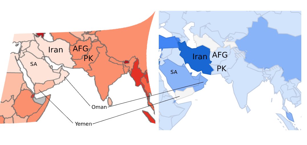 South Asia and the adjoining areas show the same pattern. Opposite rates of disease for Corona and TB, look at how colors change going from In, PK, AFG to Iran. Look at how Oman and Yemen have intensity flipped in both maps. Saudi Arabia too