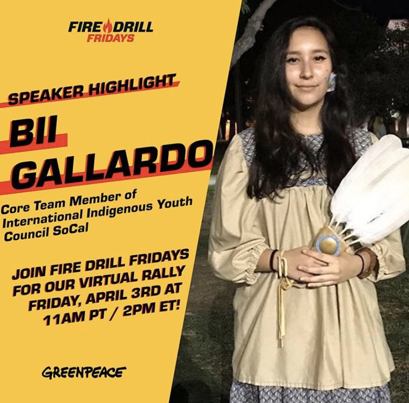 IIYCfamily's tweet image. Bii Gallardo is an IIYC SoCal chapter member. Join them, @JaneFonda, @GreenpeaceUSA, &amp;amp; more #FireDrillFriday🔥 friends at our virtual rally TODAY at 11am PT / 2pm ET!⁣
⁣
Register at: greenpeace.zoom.us/meeting/regist…⁣
⁣
#IndigenousYouth #IIYC #Indigenous #NativeYouth #ClimateCrisis