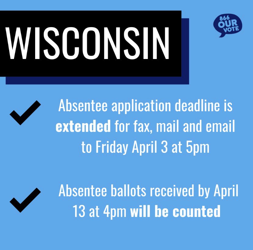 Wisconsin voters have until 5 pm today to request an absentee ballotIf your vote didn’t matter GOP wouldn’t be trying so hard to suppress it  https://myvote.wi.gov/en-US/VoteAbsentee