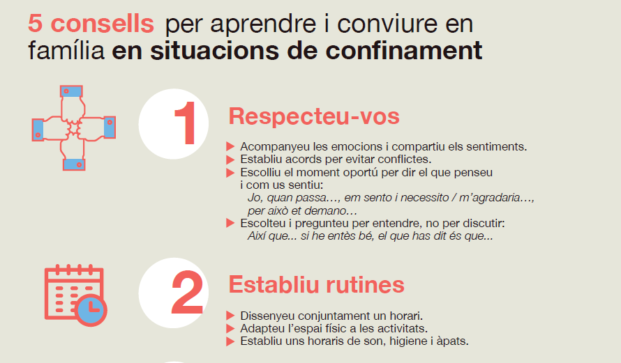 educaciocat's tweet photo. 5⃣ Consells per aprendre i conviure en família en situacions de #confinament 👨‍👩‍👦‍👦🏠

🙌 Respecteu-vos
🕘 Establiu rutines
💻 Apreneu junts
💬 Compartiu temps en família
 🧎‍♀️ Busqueu temps per a vosaltres

#JoActuo #JoAprencACasa #EnsEnSortirem #QuedatACasa https://t.co/4vHJrhvERI