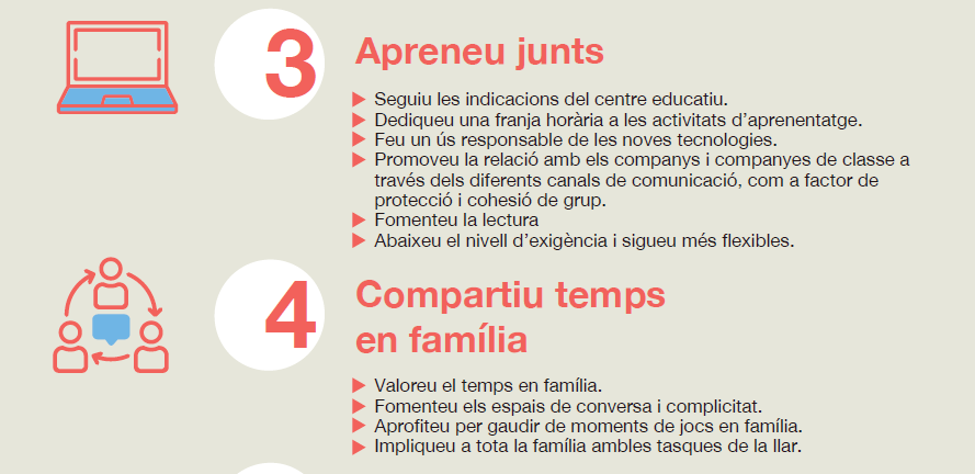 educaciocat's tweet photo. 5⃣ Consells per aprendre i conviure en família en situacions de #confinament 👨‍👩‍👦‍👦🏠

🙌 Respecteu-vos
🕘 Establiu rutines
💻 Apreneu junts
💬 Compartiu temps en família
 🧎‍♀️ Busqueu temps per a vosaltres

#JoActuo #JoAprencACasa #EnsEnSortirem #QuedatACasa https://t.co/4vHJrhvERI