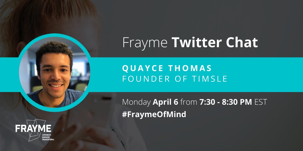 Another #ExpertInTheField joining our #FraymeOfMind Tweet Chat on Monday is <a href="/quaycethomas/">Quayce</a>, a youth w/ lived experience who built timsle.com, a #peersupport app to aid ppl struggling w/ #mentalhealth. Timsle's now being piloted by <a href="/ottawahealth/">Ottawa Public Health</a> bit.ly/3469XCR