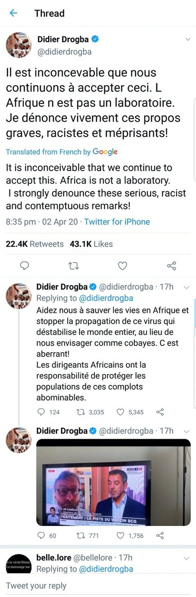 Didier Drogba, Samuel Eto’o & Demba Ba have criticized 2 doctors who said on French TV that a possible COVID-19 vaccine be tested in Africa, “where there are no masks, treatment or resuscitation.”“Do not take Africans as human guinea pigs. Africa isn’t your testing lab”-Drogba.