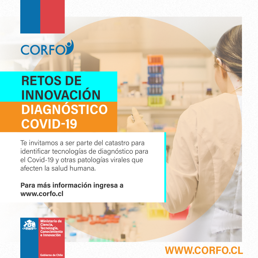 Corfo's tweet photo. Junto al @min_ciencia buscamos las soluciones de diagnóstico del #COVIDー19 que complementen el trabajo de los servicios públicos y ayuden a enfrentar el #Coronavirus 👉 https://t.co/1MVcessYXg #desafíoscovid19 https://t.co/kqe0TZ7Lzv