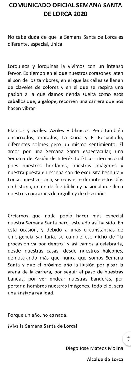 AytoLorca's tweet photo. COMUNICADO OFICIAL SEMANA SANTA DE #LORCA 2020

https://t.co/4z5n1GcqYM https://t.co/vrDq5eqT7y